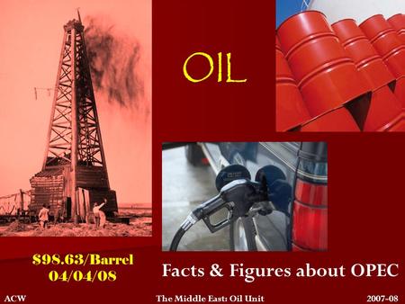 OIL Facts & Figures about OPEC ACW The Middle East: Oil Unit 2007-08 $98.63/Barrel 04/04/08.