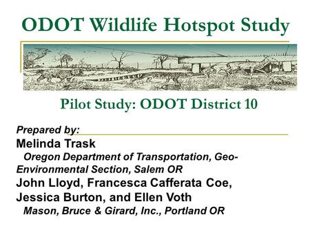 ODOT Wildlife Hotspot Study Pilot Study: ODOT District 10 Prepared by: Melinda Trask Oregon Department of Transportation, Geo- Environmental Section, Salem.