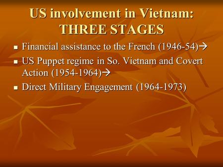 US involvement in Vietnam: THREE STAGES Financial assistance to the French (1946-54) Financial assistance to the French (1946-54) US Puppet regime in.