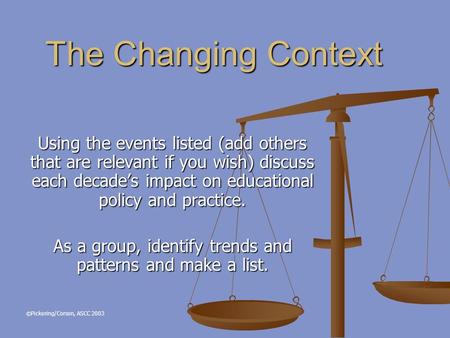 The Changing Context Using the events listed (add others that are relevant if you wish) discuss each decades impact on educational policy and practice.