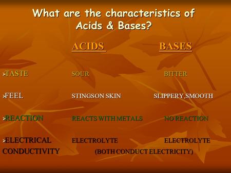 What are the characteristics of Acids & Bases?