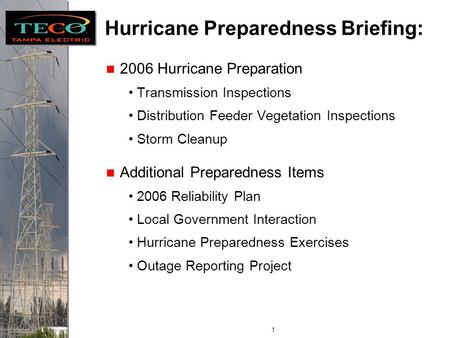 Florida Public Service Commission Internal Affairs Hurricane Season Preparation Paul Davis, Director Energy Control Center June 5, 2006.