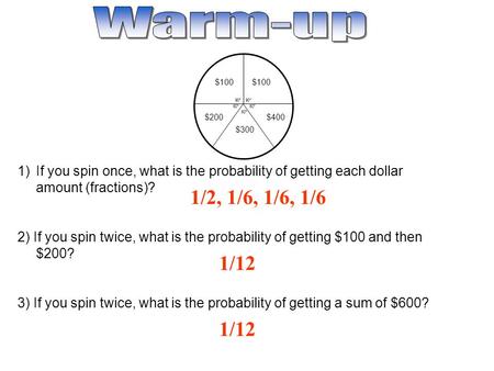 1/2, 1/6, 1/6, 1/6 1)If you spin once, what is the probability of getting each dollar amount (fractions)? 2) If you spin twice, what is the probability.