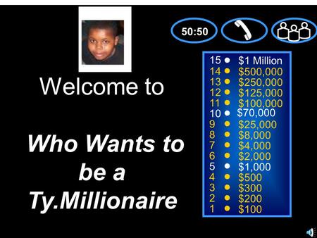 15 14 13 12 11 10 9 8 7 6 5 4 3 2 1 $1 Million $500,000 $250,000 $125,000 $100,000 $70,000 $25,000 $8,000 $4,000 $2,000 $1,000 $500 $300 $200 $100 Welcome.