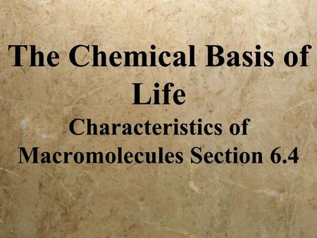 The Chemical Basis of Life Characteristics of Macromolecules Section 6