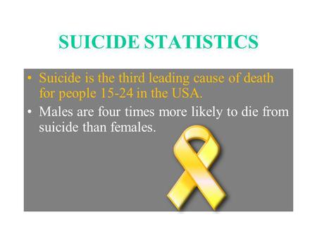 SUICIDE STATISTICS Suicide is the third leading cause of death for people 15-24 in the USA. Males are four times more likely to die from suicide than females.