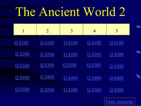 The Ancient World 2 12345 Q $100 Q $200 Q $300 Q $400 Q $500 Q $100 Q $200 Q $300 Q $400 Q $500 Final Jeopardy.