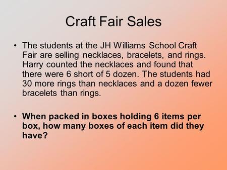 Craft Fair Sales The students at the JH Williams School Craft Fair are selling necklaces, bracelets, and rings. Harry counted the necklaces and found that.