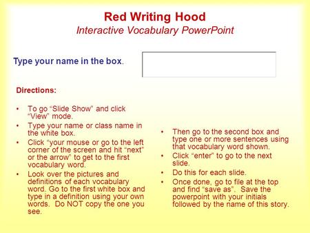 Red Writing Hood Interactive Vocabulary PowerPoint