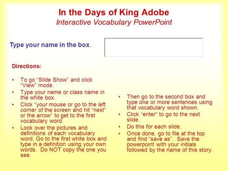 In the Days of King Adobe Interactive Vocabulary PowerPoint
