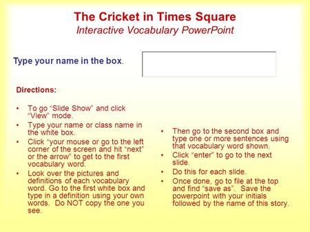 The Cricket in Times Square Interactive Vocabulary PowerPoint