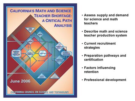 Assess supply and demand for science and math teachers Describe math and science teacher production system Current recruitment strategies Preparation pathways.