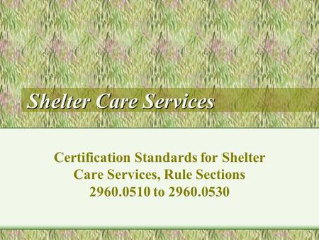 Shelter Care Services Certification Standards for Shelter Care Services, Rule Sections 2960.0510 to 2960.0530.