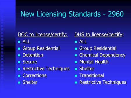 New Licensing Standards