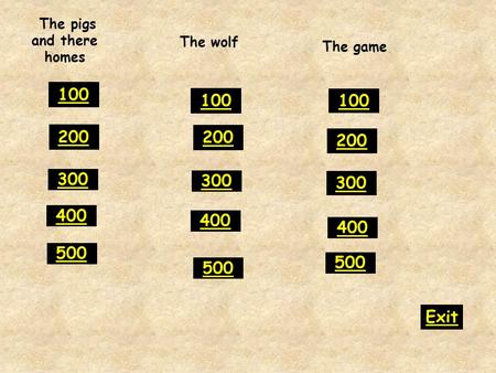 The pigs and there homes 300 400 500 100 200 300 400 500 100 200 300 400 500 100 200 Exit The wolf The game.
