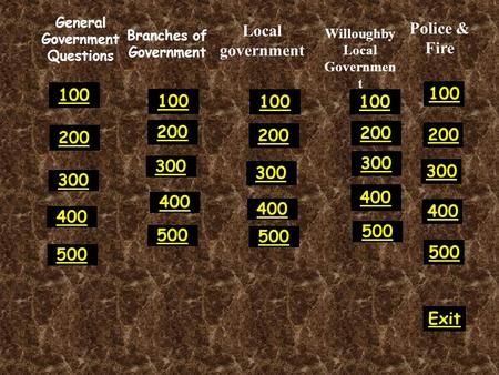 General Government Questions 300 400 500 100 200 300 400 500 100 200 300 400 500 100 200 300 400 500 100 200 100 200 300 400 500 Exit Branches of Government.