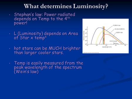 What determines Luminosity? Stephans law: Power radiated depends on Temp to the 4 th power! Stephans law: Power radiated depends on Temp to the 4 th power!