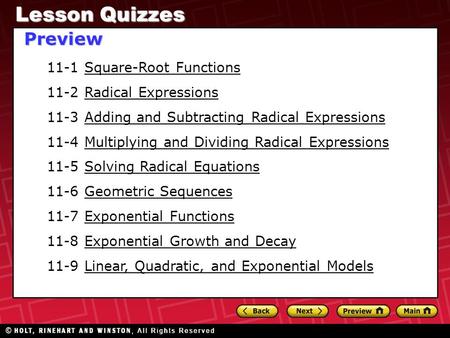 Lesson Quizzes Preview 11-1 Square-Root Functions