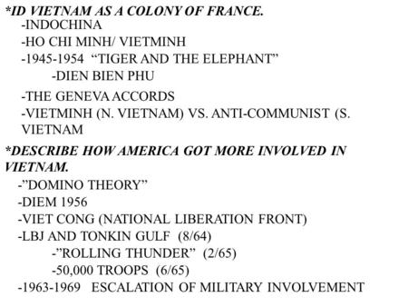 *ID VIETNAM AS A COLONY OF FRANCE. -INDOCHINA -HO CHI MINH/ VIETMINH -1945-1954 TIGER AND THE ELEPHANT -DIEN BIEN PHU -THE GENEVA ACCORDS -VIETMINH (N.