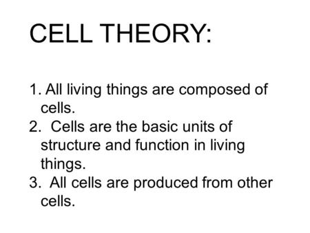 CELL THEORY: 1. All living things are composed of cells.
