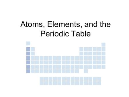 Atoms, Elements, and the Periodic Table. PART 1: ATOMS 1.What are atoms made of? NUCLEUS – center of the atom PROTON (+) (in nucleus) NEUTRON (0) (in.