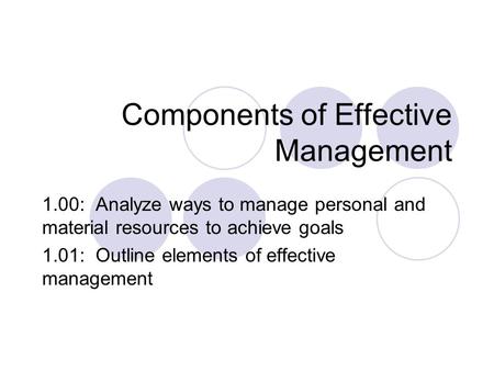 Components of Effective Management 1.00: Analyze ways to manage personal and material resources to achieve goals 1.01: Outline elements of effective management.
