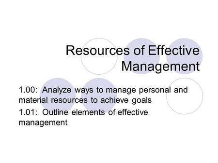 Resources of Effective Management 1.00: Analyze ways to manage personal and material resources to achieve goals 1.01: Outline elements of effective management.
