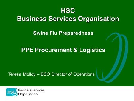 The HSC Business Services Organisation Swine Flu Preparedness PPE Procurement & Logistics Teresa Molloy – BSO Director of Operations.