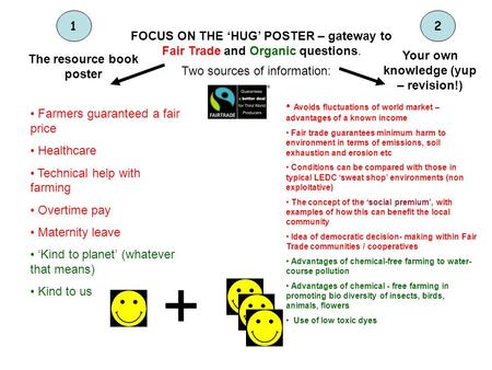 FOCUS ON THE HUG POSTER – gateway to Fair Trade and Organic questions. Two sources of information: The resource book poster 1 Your own knowledge (yup –