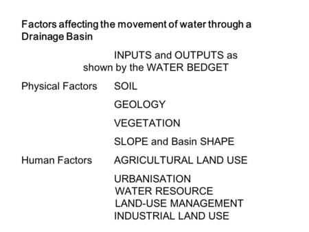 Factors affecting the movement of water through a Drainage Basin