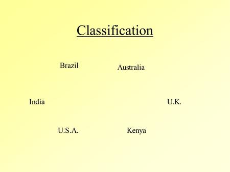 Classification U.K.India U.S.A.Kenya Australia Brazil.
