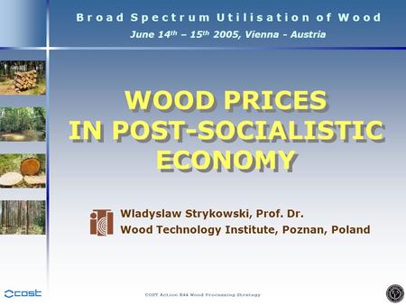 B r o a d S p e c t r u m U t i l i s a t i o n o f W o o d June 14 th – 15 th 2005, Vienna - Austria Wladyslaw Strykowski, Prof. Dr. Wood Technology Institute,