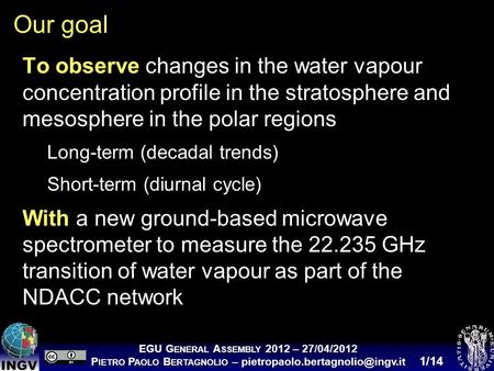 Introducing VESPA-22: a ground- based microwave spectrometer for measuring middle atmospheric water vapour at polar latitudes 27 April 2012 EGU General.