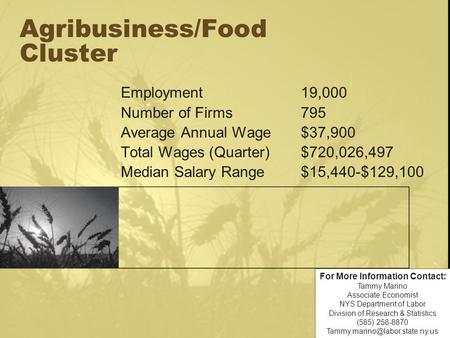 Agribusiness/Food Cluster Employment19,000 Number of Firms795 Average Annual Wage$37,900 Total Wages (Quarter)$720,026,497 Median Salary Range$15,440-$129,100.