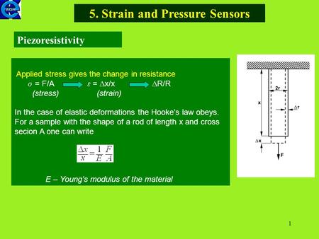 1 5. Strain and Pressure Sensors Piezoresistivity Applied stress gives the change in resistance  = F/A  =  x/x  R/R (stress) (strain) In the case of.