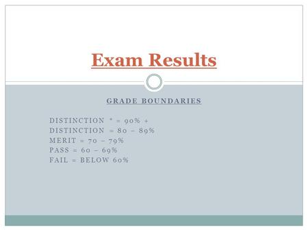 GRADE BOUNDARIES DISTINCTION * = 90% + DISTINCTION = 80 – 89% MERIT = 70 – 79% PASS = 60 – 69% FAIL = BELOW 60% Exam Results.