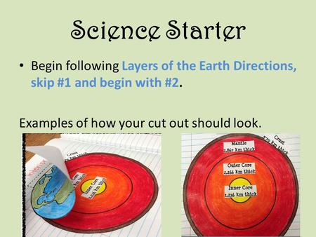Science Starter Begin following Layers of the Earth Directions, skip #1 and begin with #2. Examples of how your cut out should look.