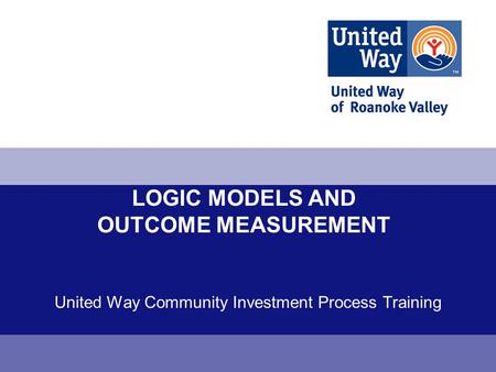 LOGIC MODELS AND OUTCOME MEASUREMENT United Way Community Investment Process Training.