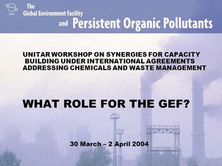 UNITAR WORKSHOP ON SYNERGIES FOR CAPACITY BUILDING UNDER INTERNATIONAL AGREEMENTS ADDRESSING CHEMICALS AND WASTE MANAGEMENT WHAT ROLE FOR THE GEF? 30 March.