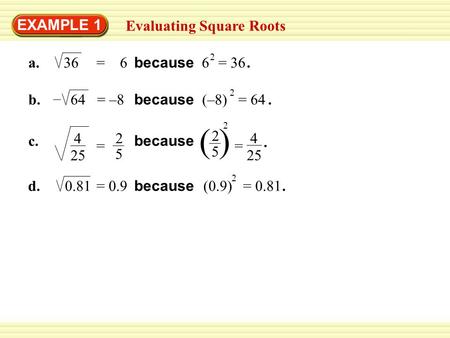 ( ) EXAMPLE 1 Evaluating Square Roots a. 36 = 6 6 because 2 = 36 . b.