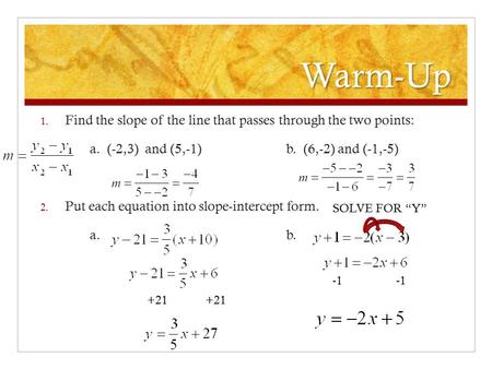 Warm-Up Find the slope of the line that passes through the two points: