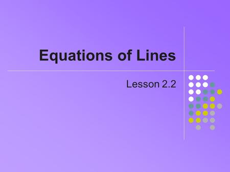 Equations of Lines Lesson 2.2. 2 Point Slope Form We seek the equation, given point and slope Recall equation for calculating slope, given two points.