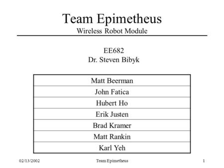 02/13/2002Team Epimetheus1 Team Epimetheus Wireless Robot Module Matt Beerman John Fatica Hubert Ho Erik Justen Brad Kramer Matt Rankin Karl Yeh EE682.