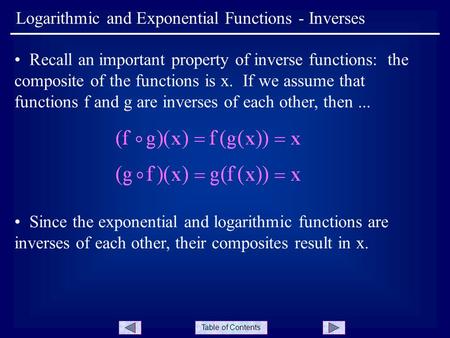 Table of Contents Recall an important property of inverse functions: the composite of the functions is x. If we assume that functions f and g are inverses.