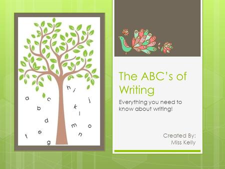 The ABC’s of Writing Everything you need to know about writing! Created By: Miss Kelly a b c d e f g h i j k l m n o.