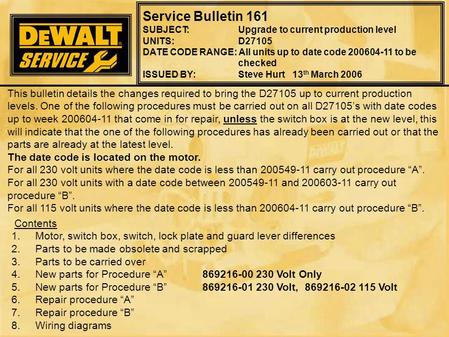 Service Bulletin 161 SUBJECT: Upgrade to current production level UNITS:D27105 DATE CODE RANGE: All units up to date code 200604-11 to be checked ISSUED.
