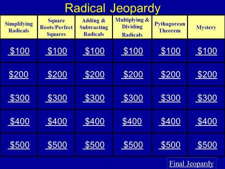 Radical Jeopardy $100 $200 $300 $400 $500 Final Jeopardy