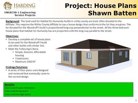 ENGR330-1 Engineering Service Projects Project: House Plans Shawn Batten Benefits: Improved house orientation Improved living space Improved storage space.