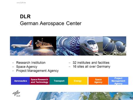 Www.DLR.de DLR German Aerospace Center  Research Institution  Space Agency  Project Management Agency  32 institutes and facilities  16 sites all.