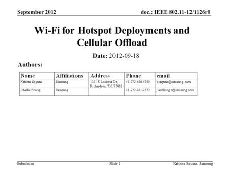 Doc.: IEEE 802.11-12/1126r0 Submission September 2012 Krishna Sayana, SamsungSlide 1 Wi-Fi for Hotspot Deployments and Cellular Offload Date: 2012-09-18.
